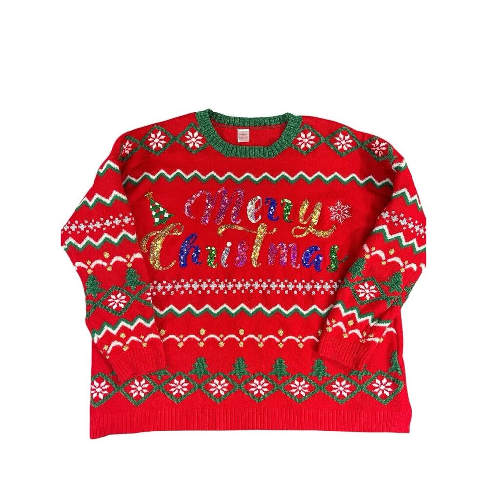 Holiday Time Merry Christmas‎ Sweater Womens Sequins Glitter Snowflakes Size 2X
